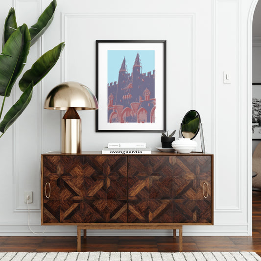 Medieval landmark with cold color palette, pop art art print in a chic interior.