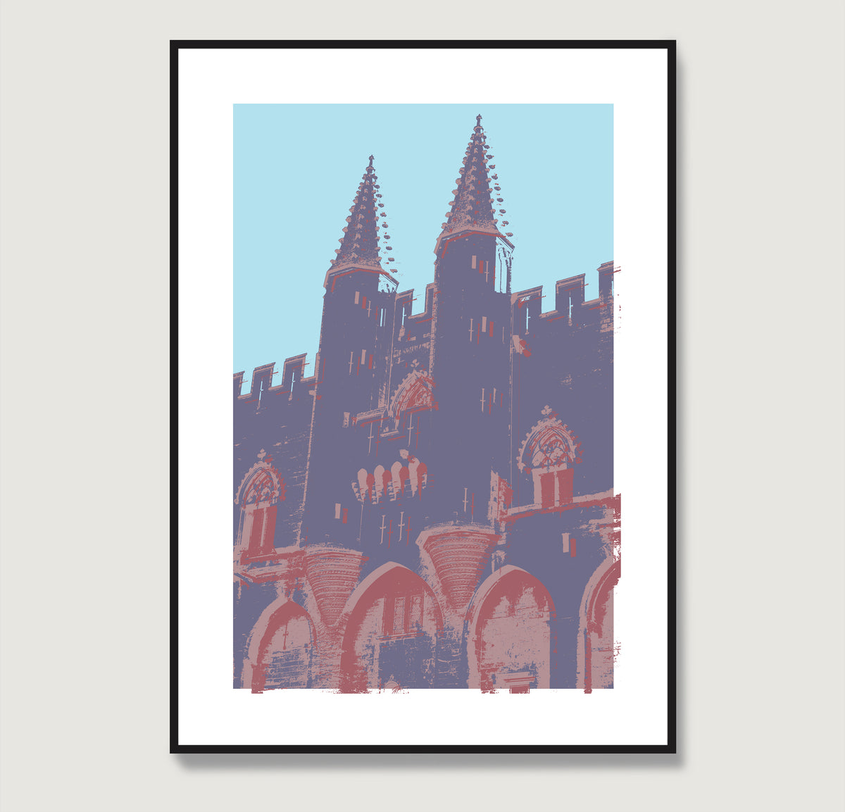 Medieval landmark with cold color palette, pop art art print.