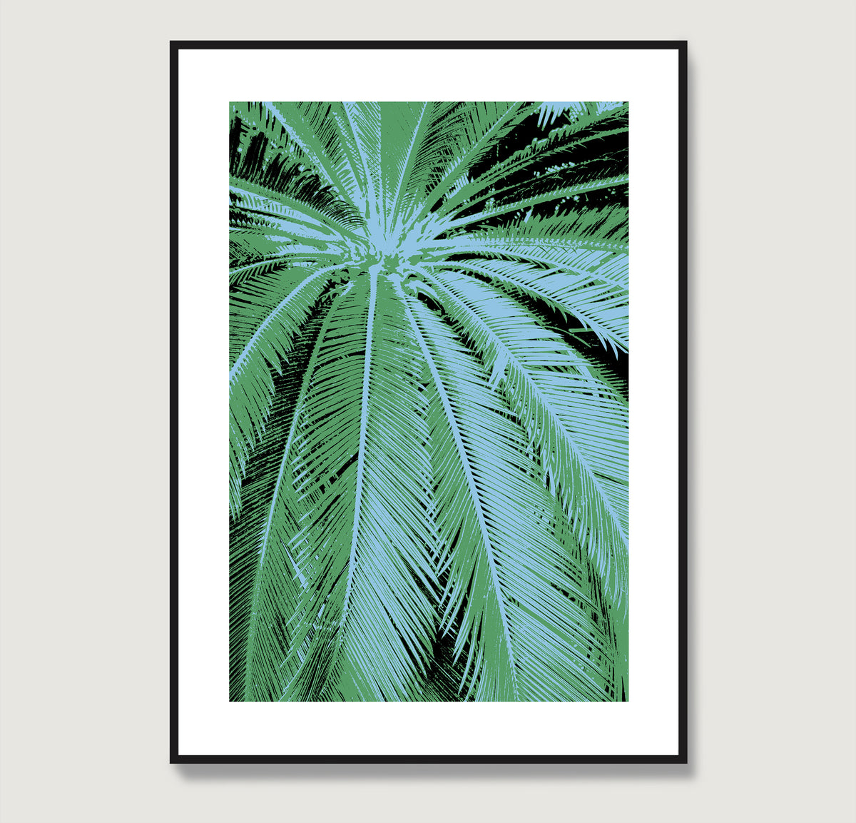 Framed artwork of a palm leaf design on a white background