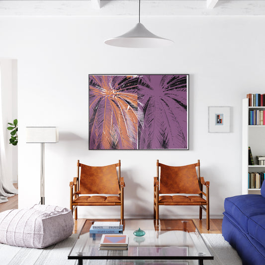 Modern living room with two brown chairs, a glass coffee table, and a colorful abstract painting on the wall.