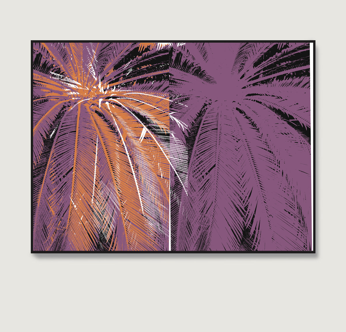 Framed artwork with palm tree design on a purple background