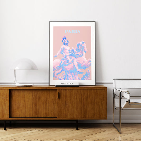 Travel poster Paris landmark pastel colors art print in a parisian apartment.
