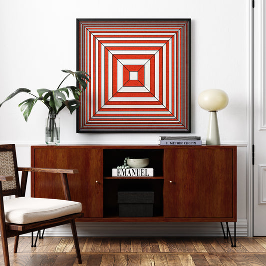 Red and white geometric abstract graphic art print in a parisian chic interior.