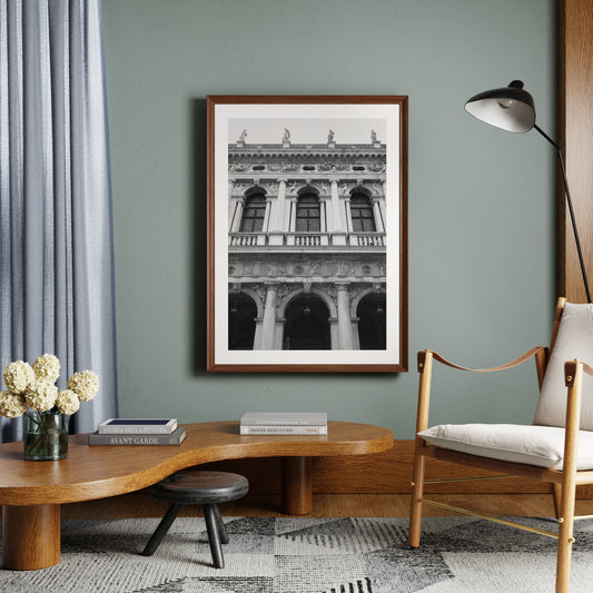 Old Venice building facade, black and white artistic photography art print in a sophisticated interior.