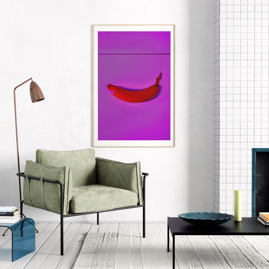 Pink banana minimalist pop art art print in an eclectic interior.