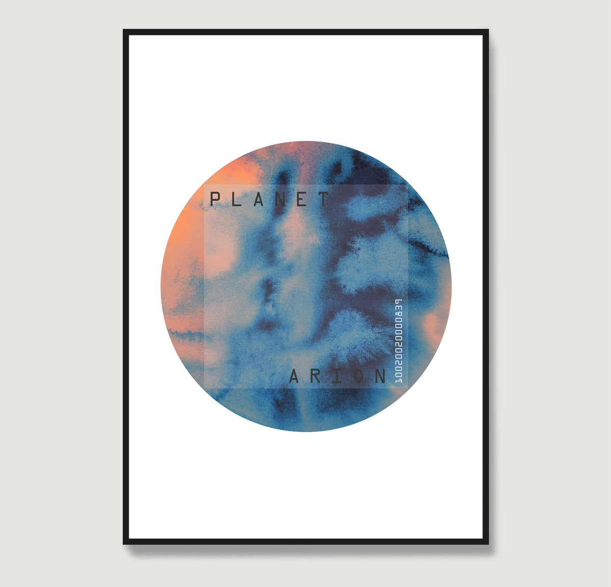 Blue and orange planet, minimalist watercolor graphic art print.