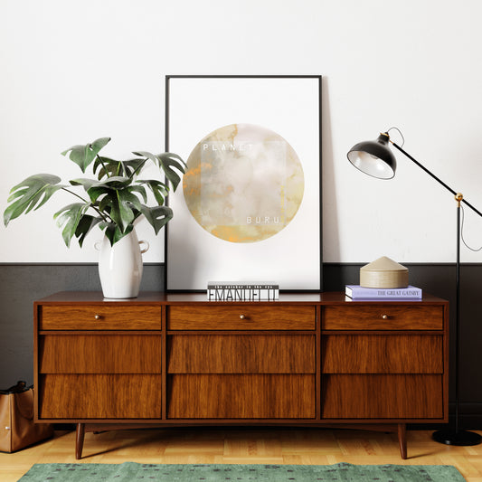 Pastel bright colors planet, minimalist watercolor graphic art print in a mid-century modern interior.