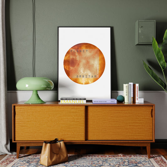 Red planet, minimalist watercolor graphic art print in a vintage style interior.