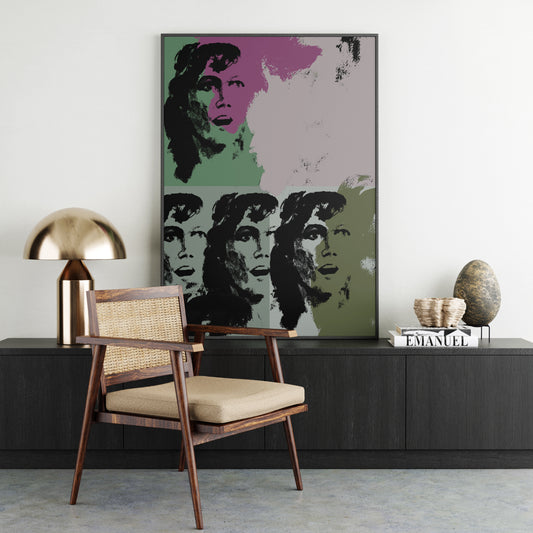 Green and pink pop art art print in a minimalist interior.