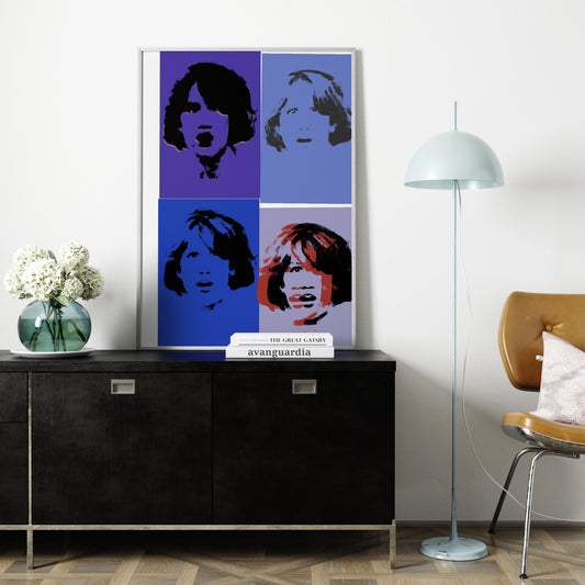 Blue portrait repetition pop art art print on a black modern sideboard.