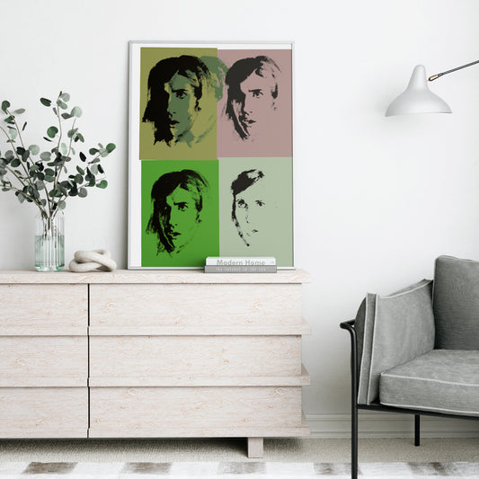 Green portrait repetition pop art art print in a modern farmhouse interior.