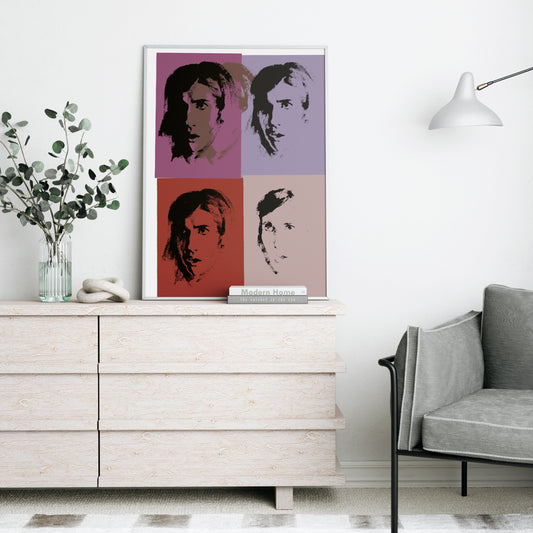 Pink portrait repetition pop art art print in a total white interior.