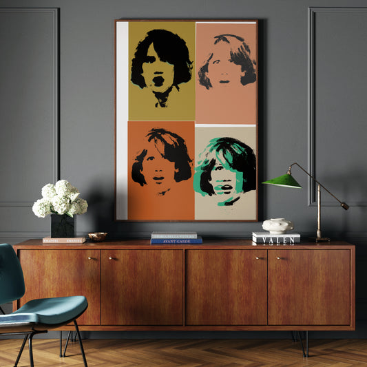 Colorful portrait repetition pop art art print in a dark luxury interior.