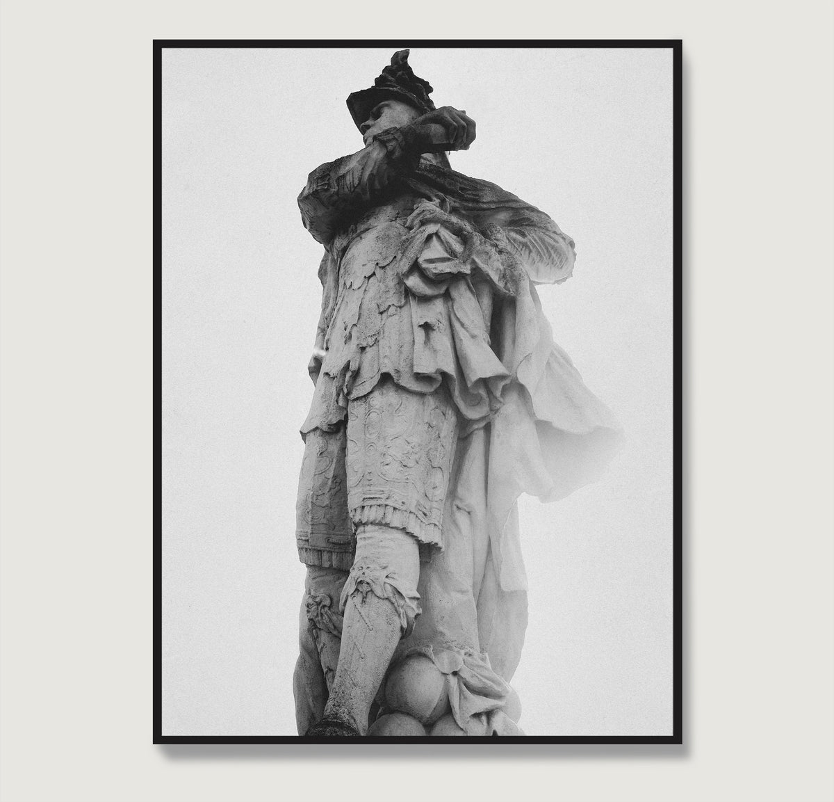 Framed black and white photograph art print of a classical statue against a light gray background.