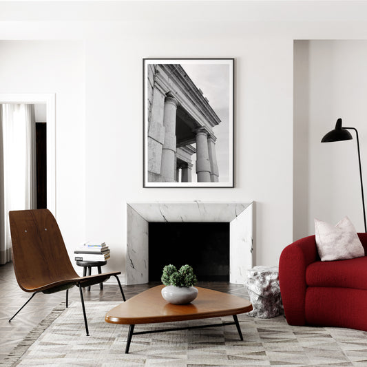 Classic architectural corner of Venice, black and white photography art print in a large living room.