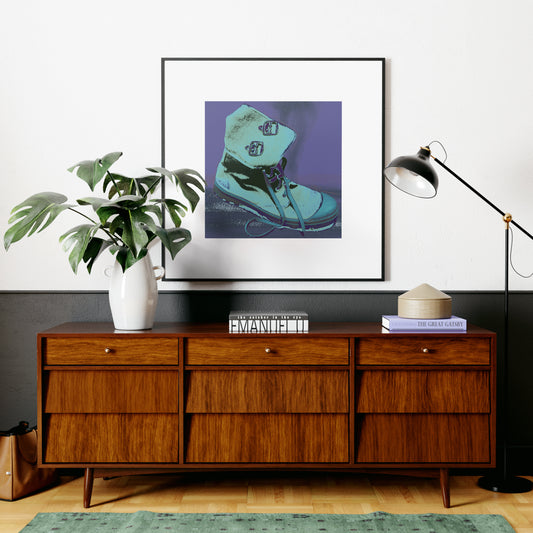 Purple boot pop art art print in a mid-century modern interior.