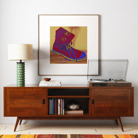 Red boot, colorful pop art art print in a vintage style interior.