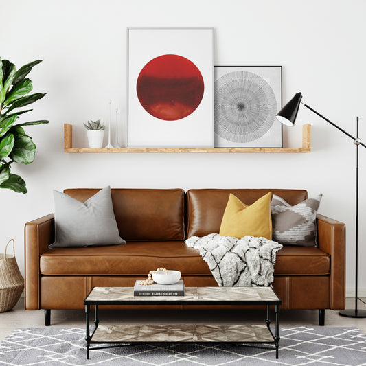 Intense red planet, minimalist watercolor graphic art print in a farmhouse interior.