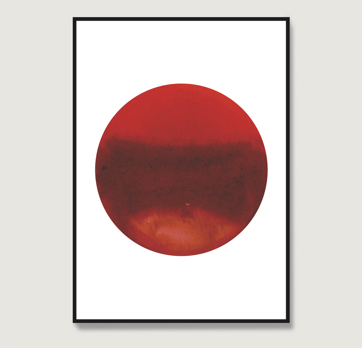 Intense red planet, minimalist watercolor graphic art print.