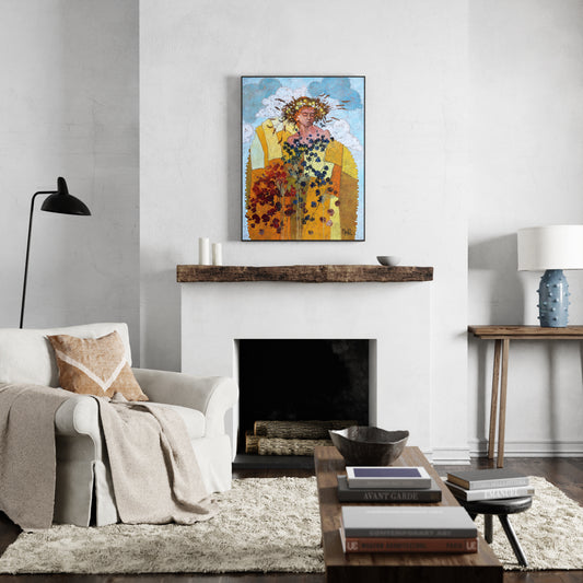 Artistic figurative painting with a woman figure, above a fireplace.