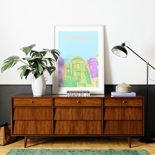 Travel poster San Francisco landmark colorful art print in a vintage style interior.