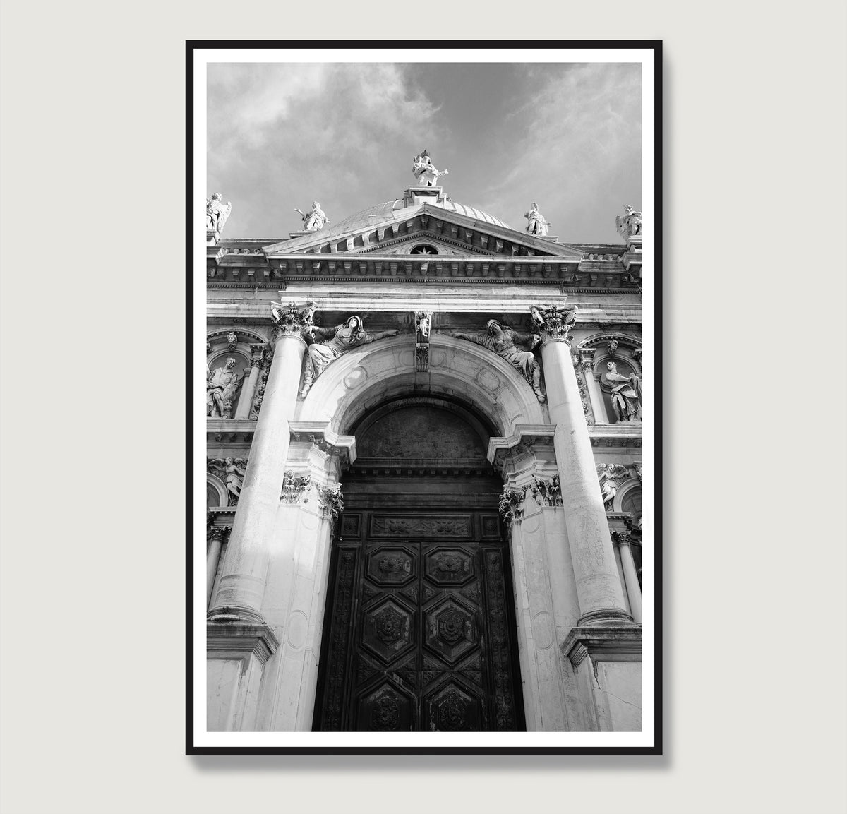 Majestic baroque Venetian church facade, black and white artistic photography art print.