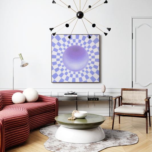 Modern living room with a geometric abstract painting, red sofa, and stylish decor.