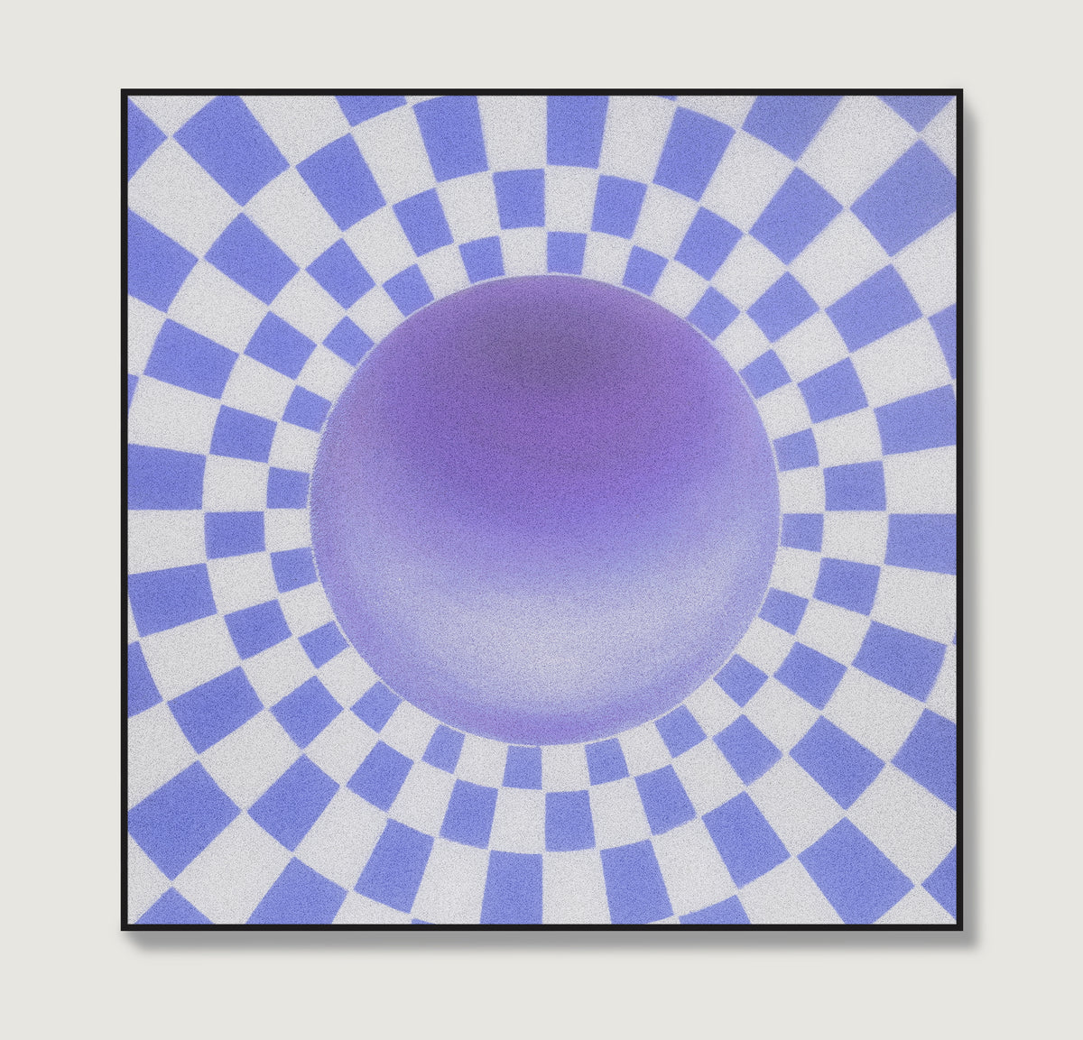 Framed artwork with a purple circle and blue and white checkered pattern
