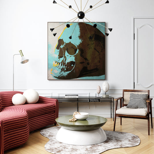 Blue skull pop art art print in a parisian chic living room.