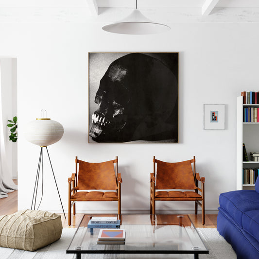 Black and white skull pop art art print in a modern living room.
