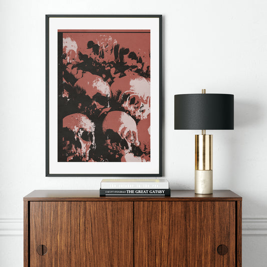 Multiple skulls red pop art art print in a bright interior.