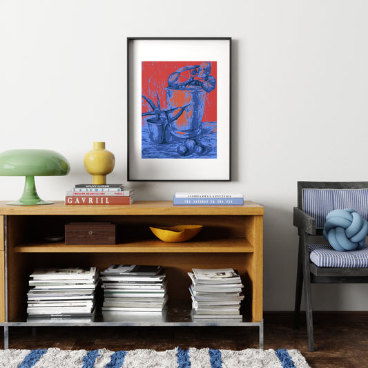Red and blue still life with plants, pop, graphic art print in a playful interior.