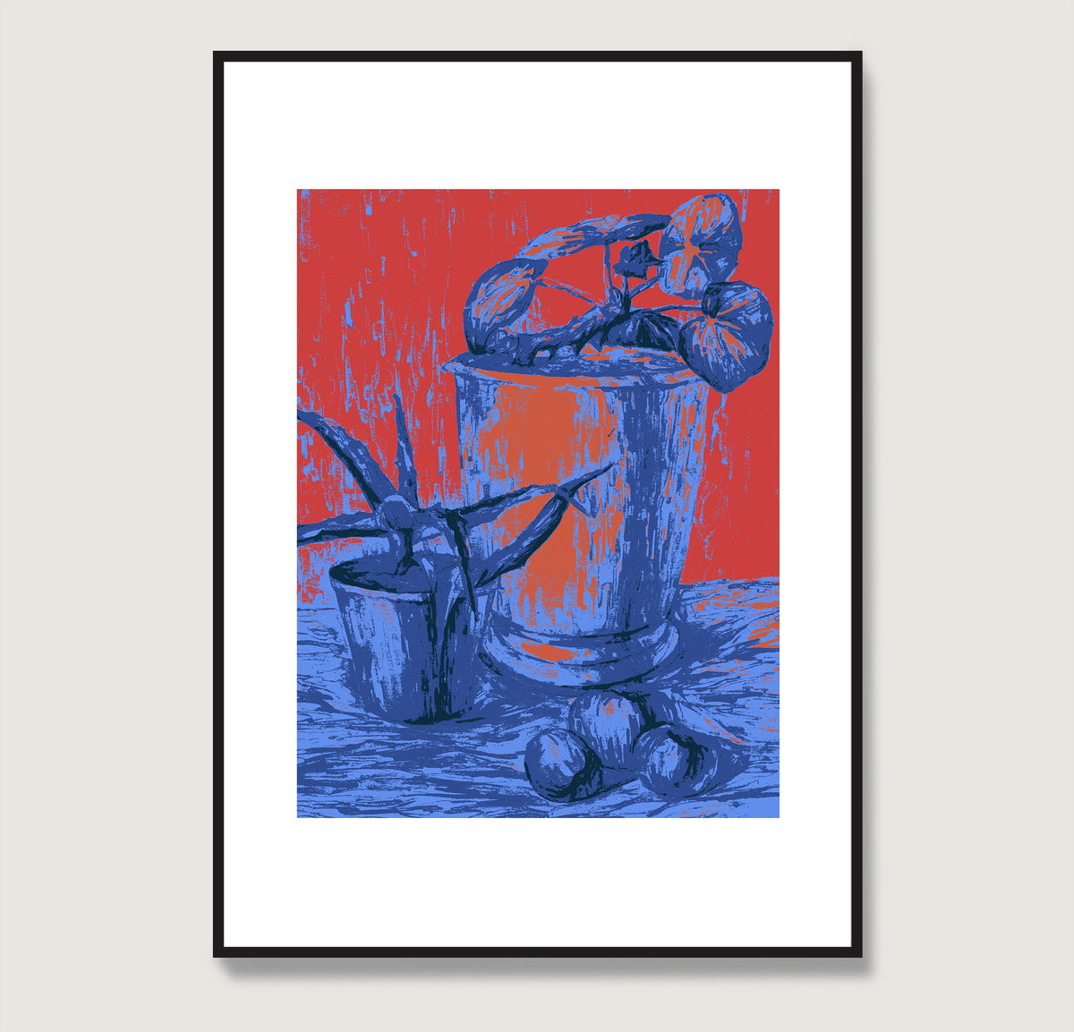 Red and blue still life with plants, pop, graphic art print.