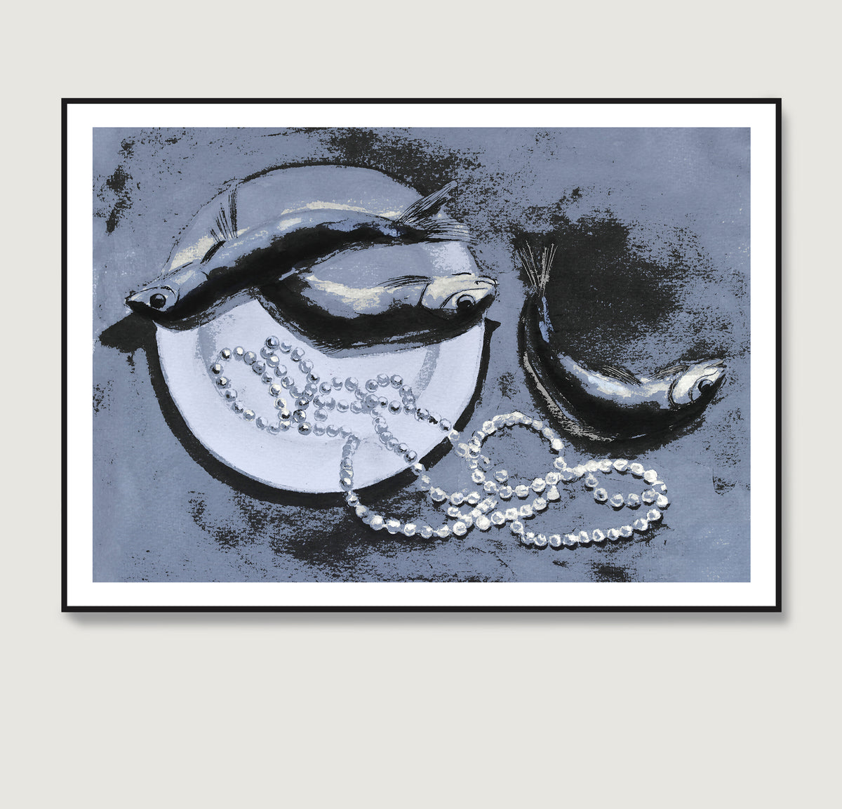 Framed artwork with fish and a necklace on a textured blue background.
