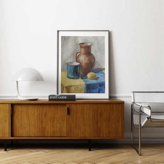 Watercolor still life study with lemon, naive art print, in a parisian apartment.