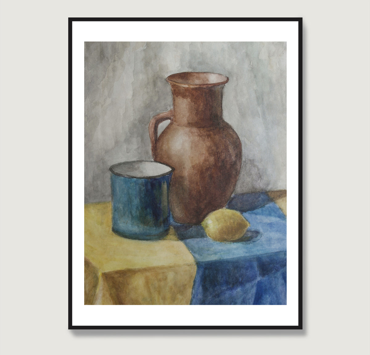 Watercolor still life study with lemon, naive art print.