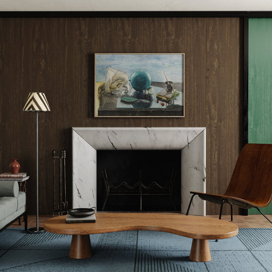 Framed figurative art print in an eclectic modern living room with marble fireplace, wooden coffee table, and blue carpet.