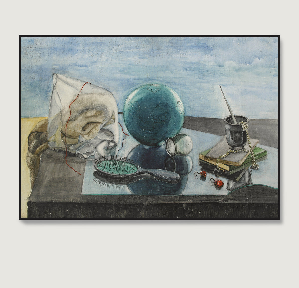 Framed figurative art print with blue-green ball, brush, books, white pearls and red diamond earrings on a glass, with a light blue sky on the background.