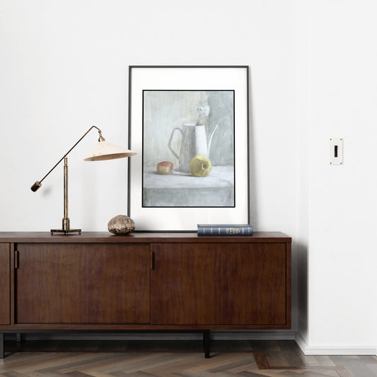 White still life watercolor study art print in an elegant, minimalist interior.