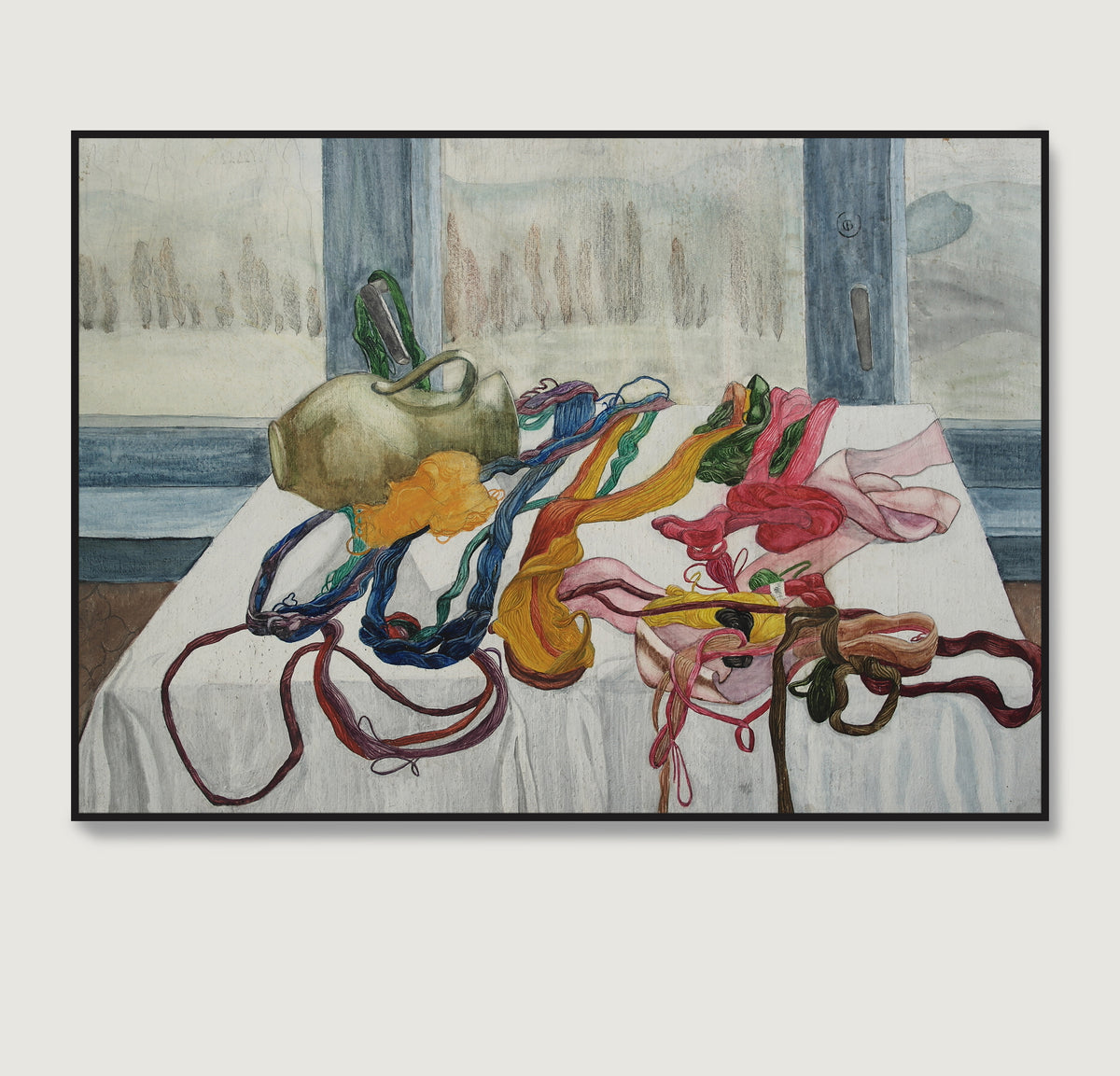 A framed artwork depicting a still life with various colored threads arranged on a table, with a window in the background.