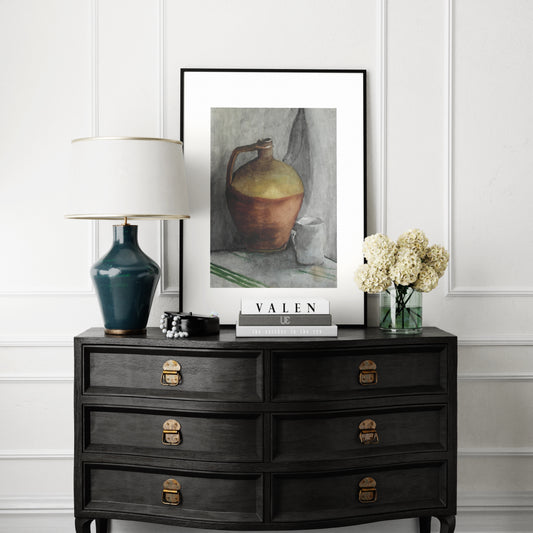 Naive watercolor still life study art print in a traditional, chic interior.