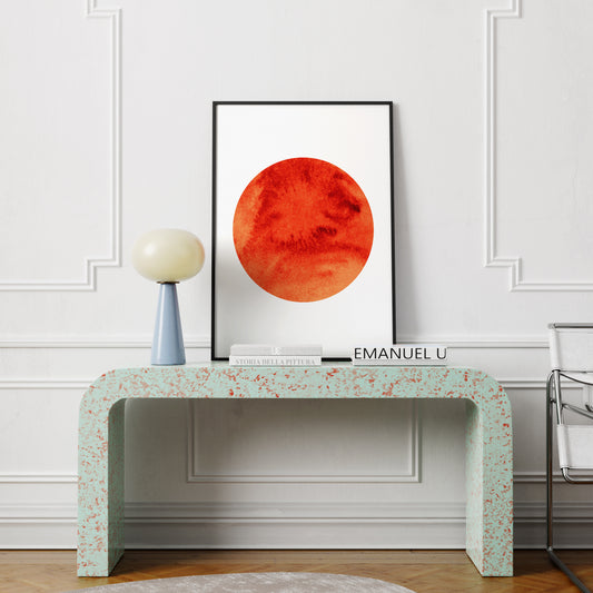 Intense red Sun, minimalist graphic art print in an eclectic interior.