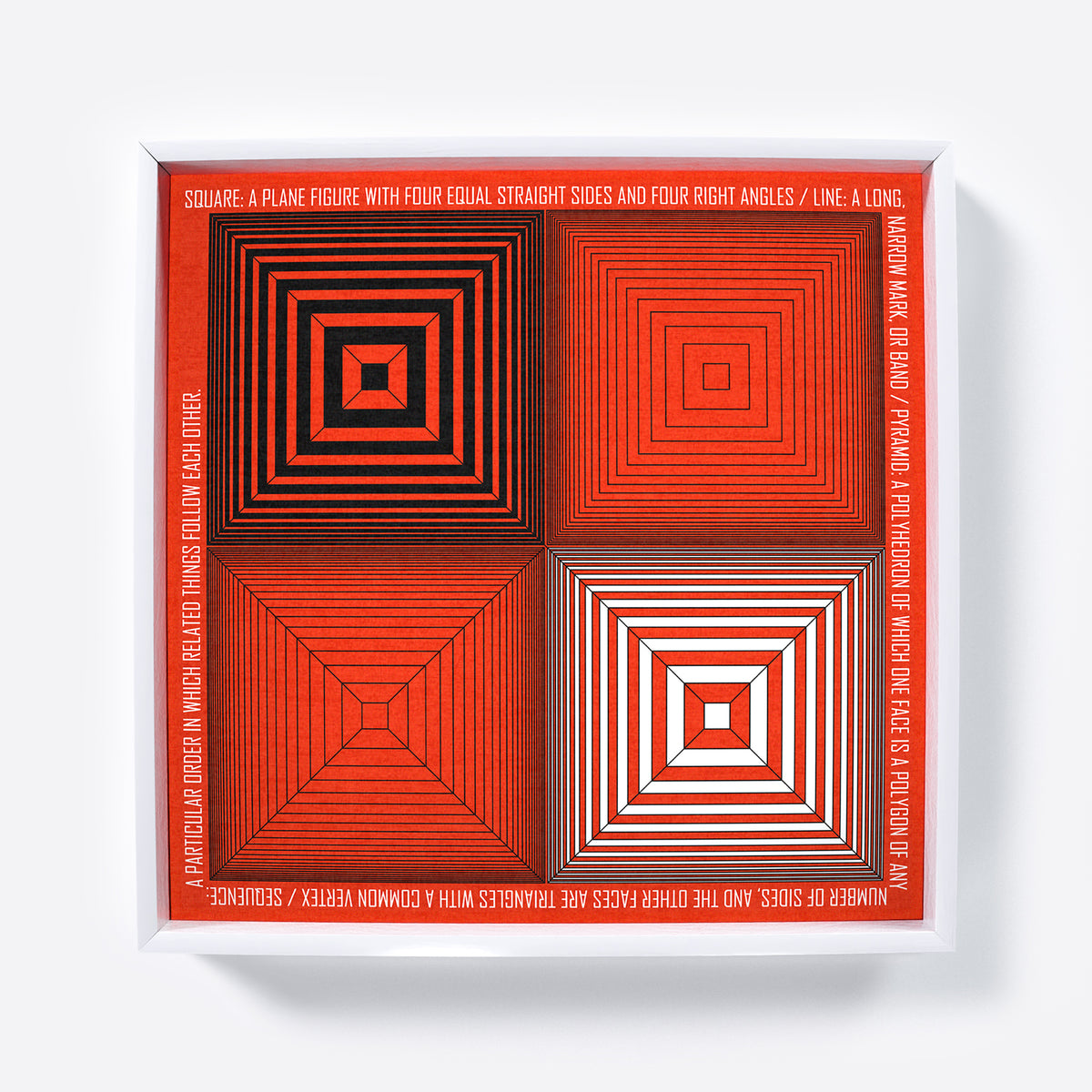 Geometric composition art print with red, white and black.