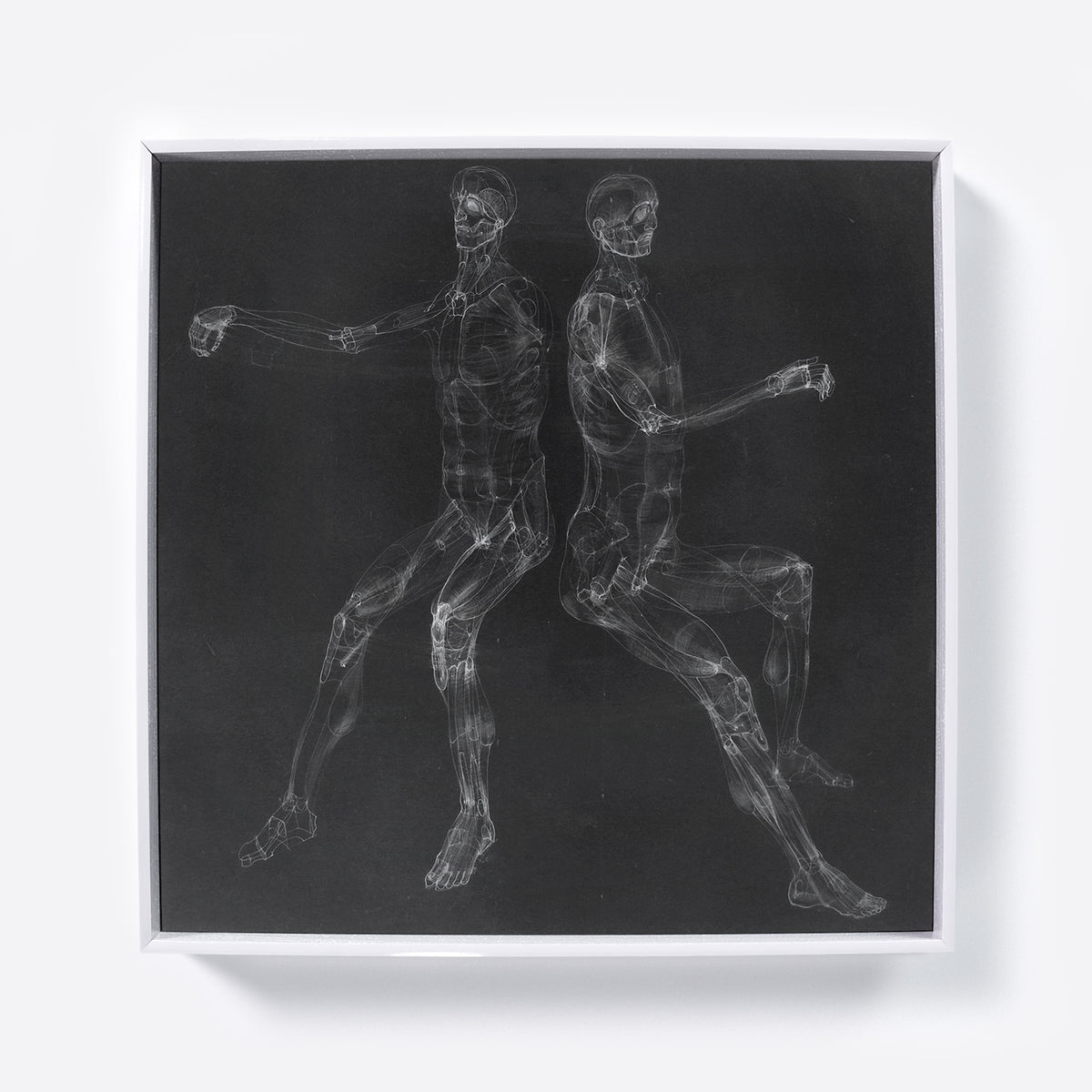 Black and white anatomy art print with two seated figures.