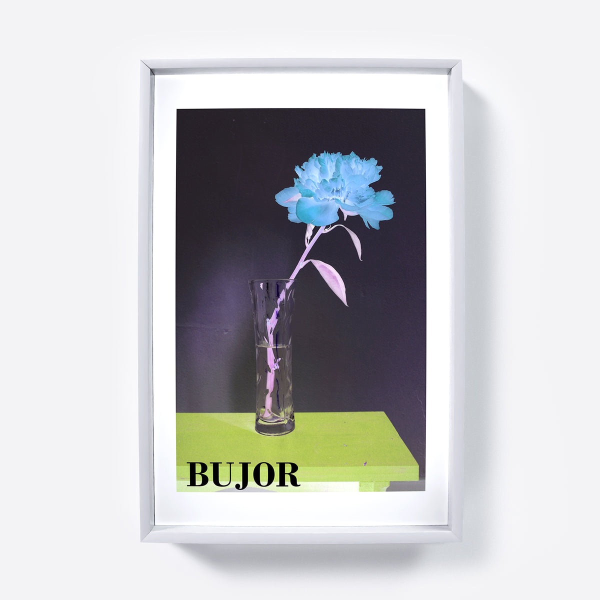 Framed artwork of a blue flower in a glass vase on a green platform with 'BUJOR' title.
