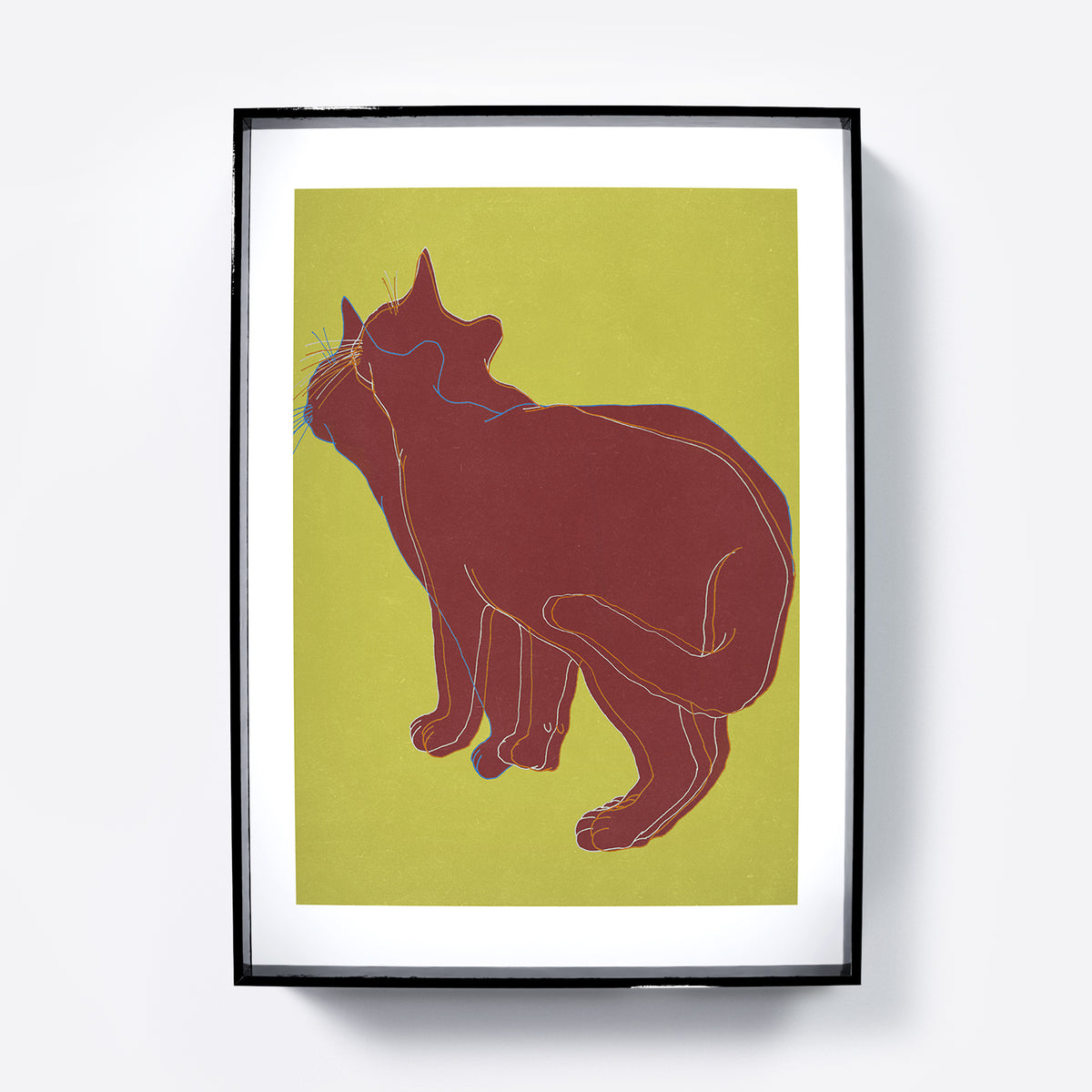 Line art high quality print with a cat on a yellow background.
