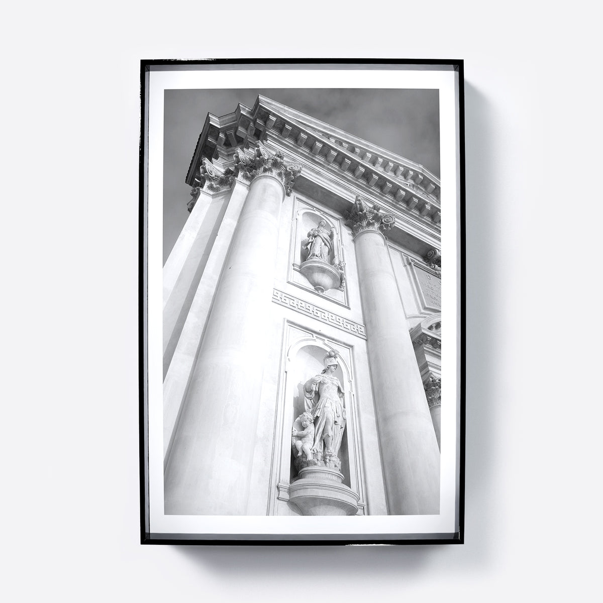 Architectural photography of a Venetian church, black and white art print.