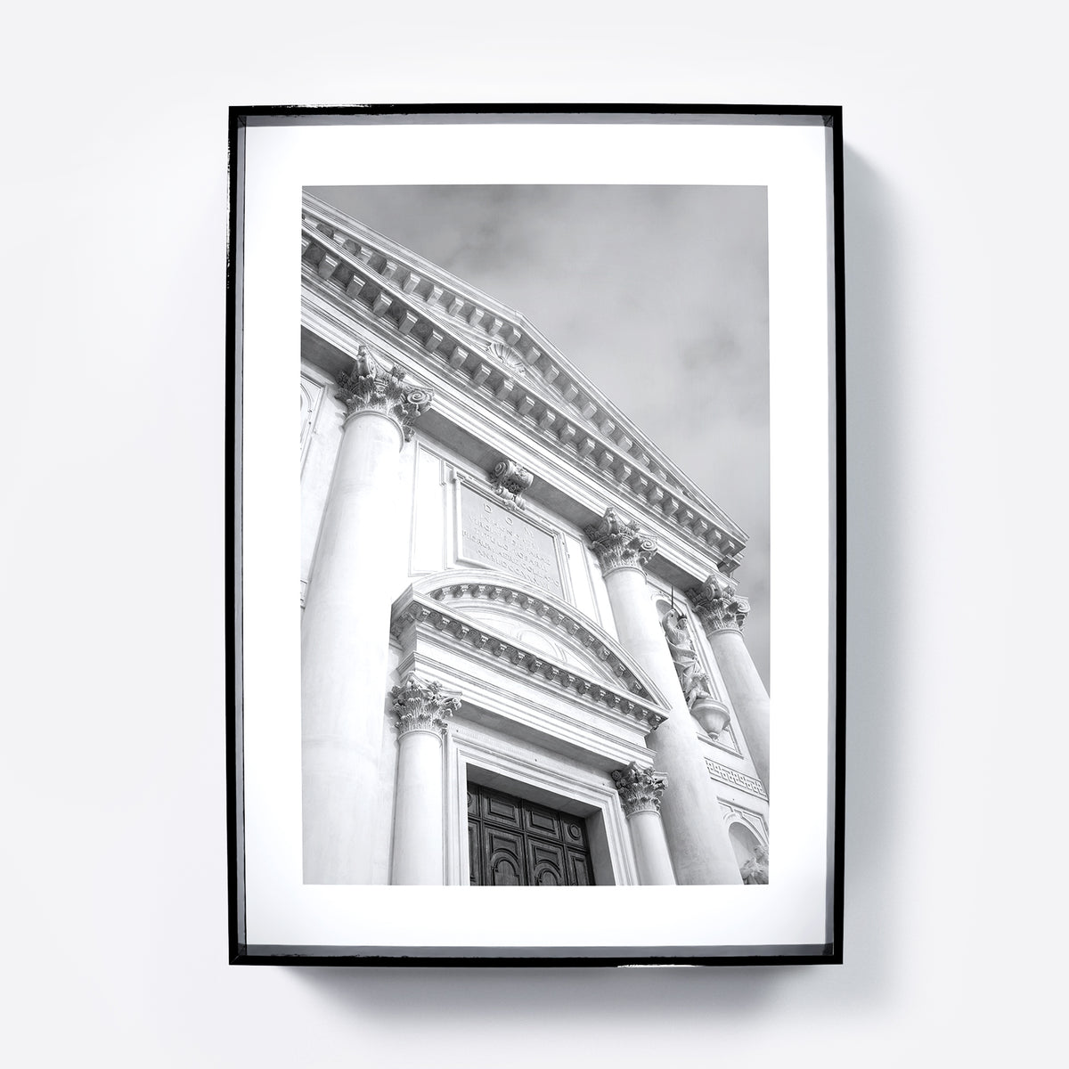 Classic facade of a Venetian church, black and white architectural photography art print.