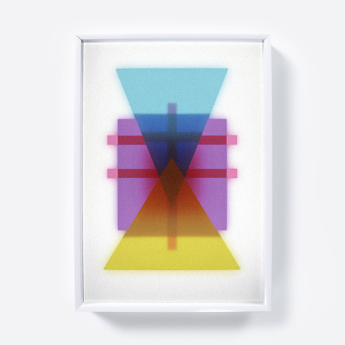 Framed abstract art with colorful geometric shapes on a white background