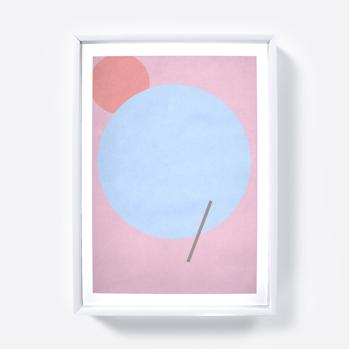 Pink graphic art print with a blue circle.
